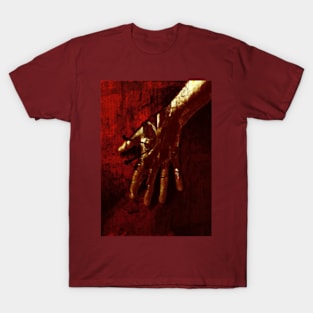 Digital collage, special processing. Red tint, gold hand, mystic. Ugly grainy texture on close up, so beautiful on distance. T-Shirt